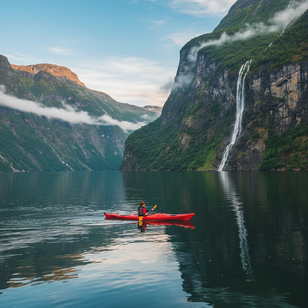 Kajakfahrer auf dem ruhigen Wasser des Geirangerfjords
