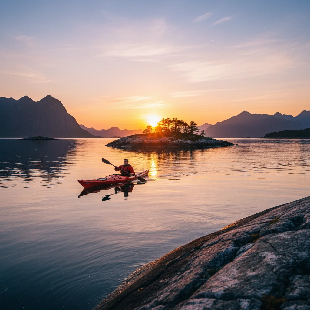 Kajakfahrer unter der Mitternachtssonne in Nordnorwegen