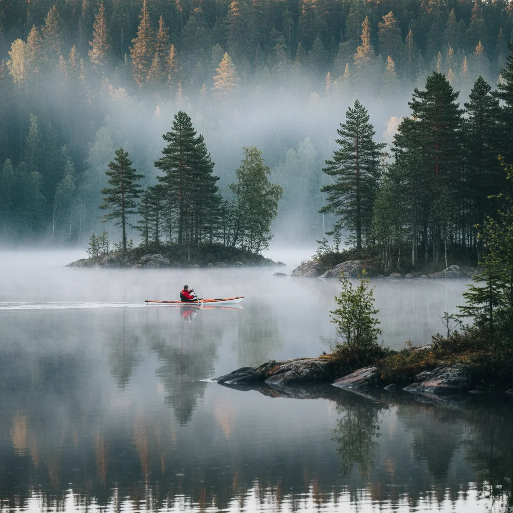 Kajakfahrer auf einem stillen finnischen See im Morgennebel zwischen bewaldeten Inseln