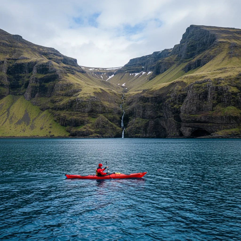 Kajakfahrer in einem isländischen Fjord mit steilen Bergen