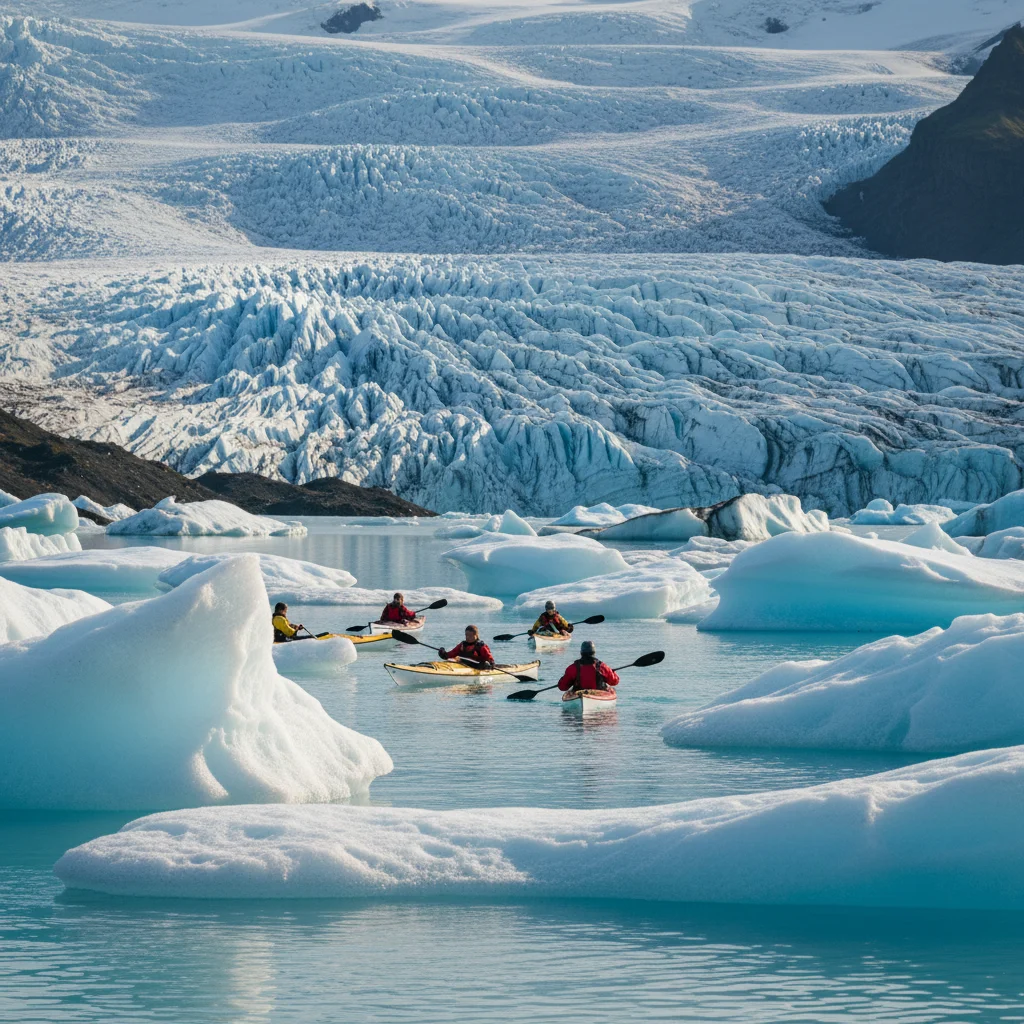 Kajakgruppe auf der Gletscherlagune Jökulsárlón mit Gletscher im Hintergrund