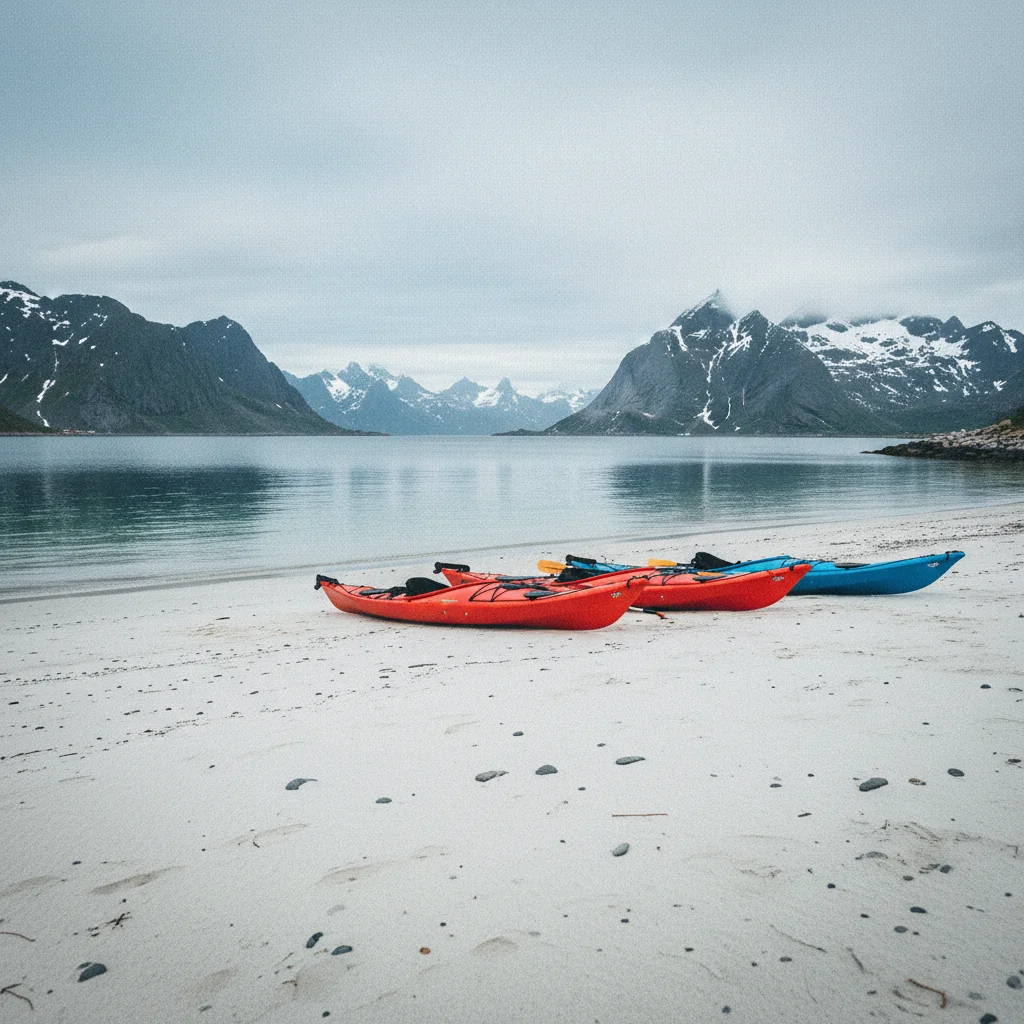 Seekajaks an einem weißen Strand auf den Lofoten mit Bergen im Hintergrund