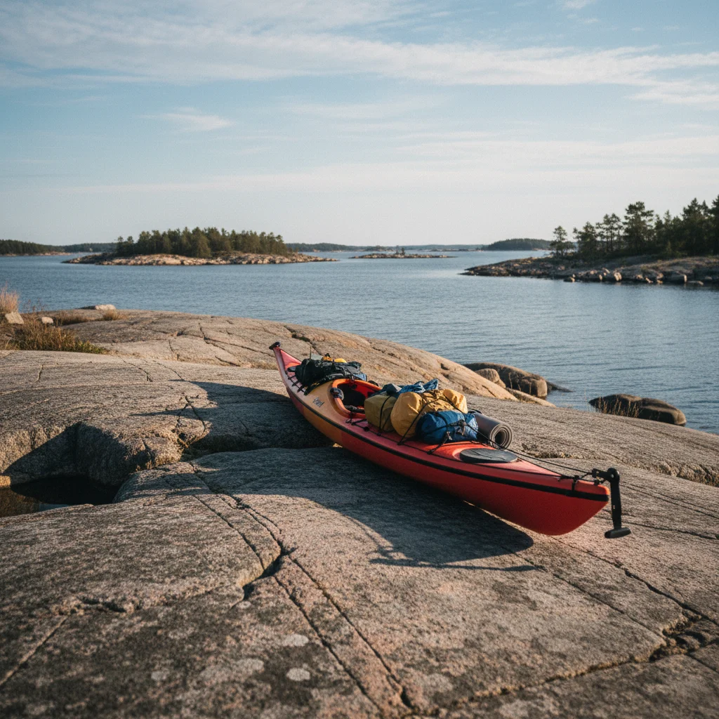 Seekajak mit gepackter Ausrüstung auf einem Granitfelsen an der schwedischen Schärenküste