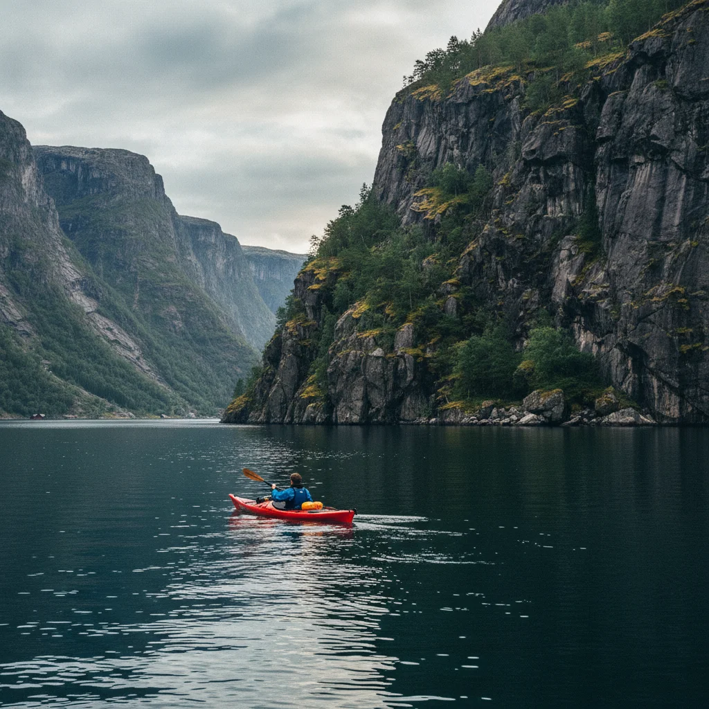 Kajakfahrer paddelt durch einen norwegischen Fjord mit steilen Felswänden
