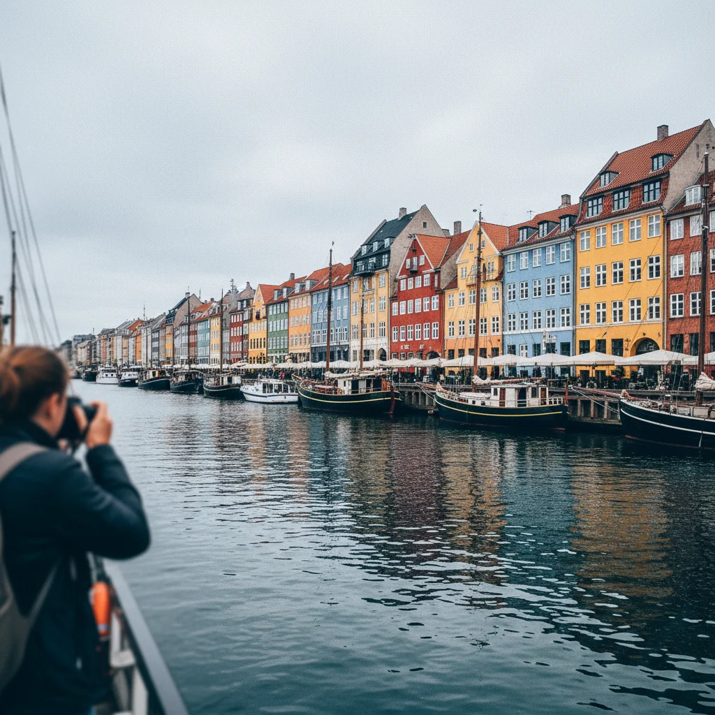 Bunte Häuserzeile am Nyhavn in Kopenhagen vom Wasser aus