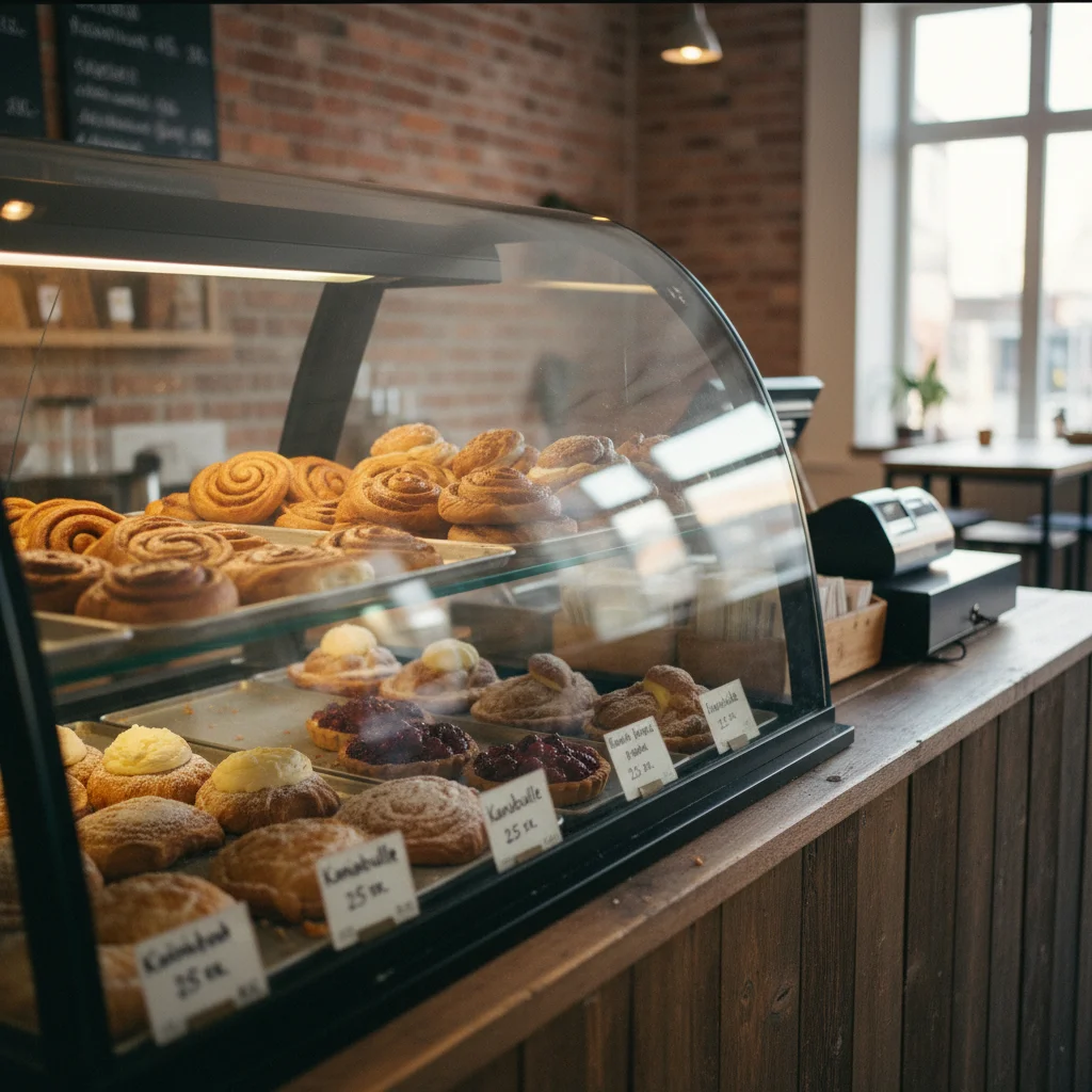 Auslage einer schwedischen Bäckerei mit verschiedenen frisch gebackenen Bullar hinter Glas