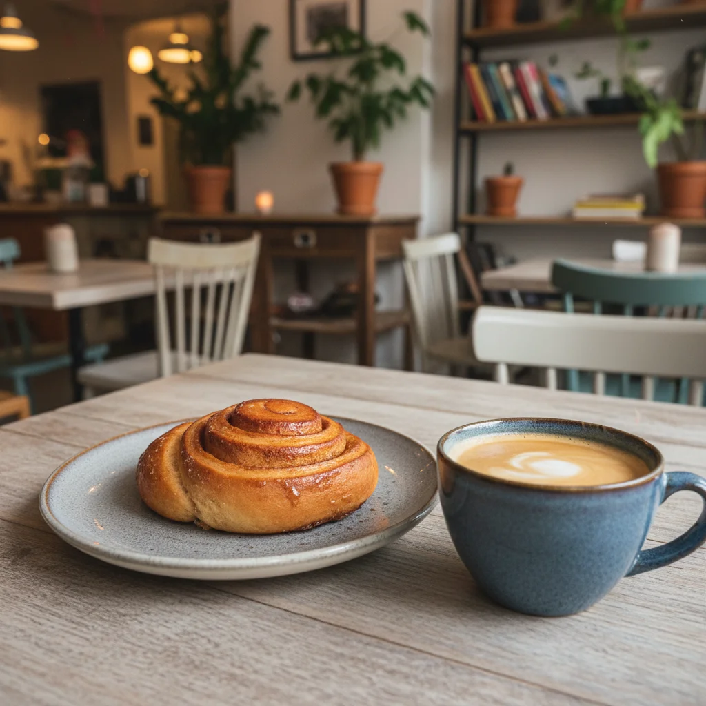 Frisch gebackene Kanelbullar auf einem Teller neben einer Tasse Kaffee in einem schwedischen Café