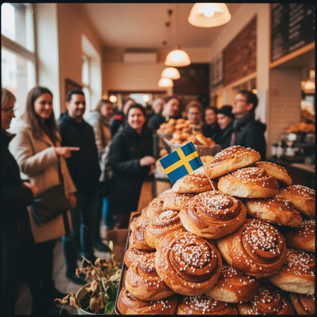 Große Auslage frischer Kanelbullar in einer schwedischen Bäckerei am Kanelbullens Dag