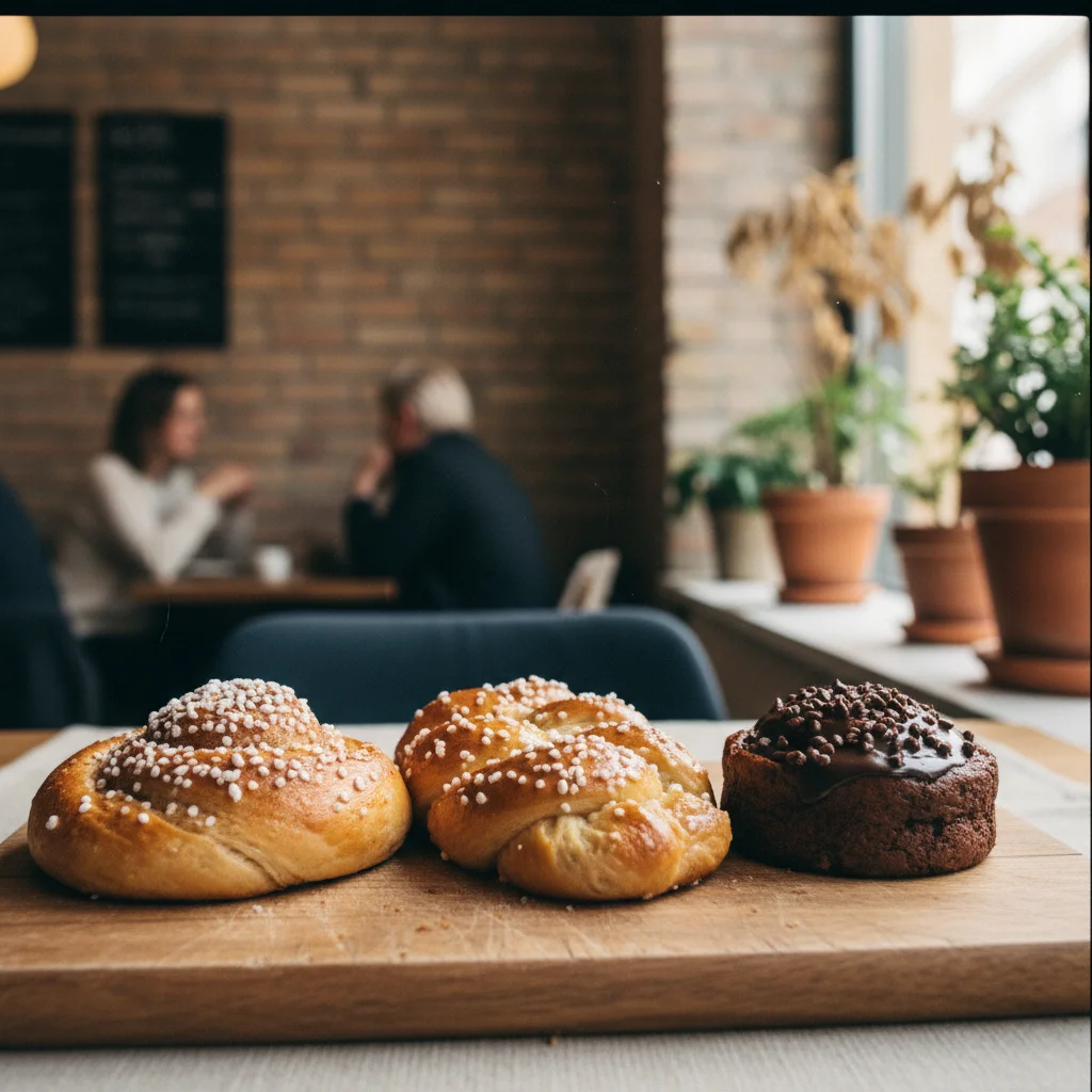 Verschiedene schwedische Bullar-Varianten nebeneinander: Kanelbulle, Kardemummabulle und Vaniljbulle