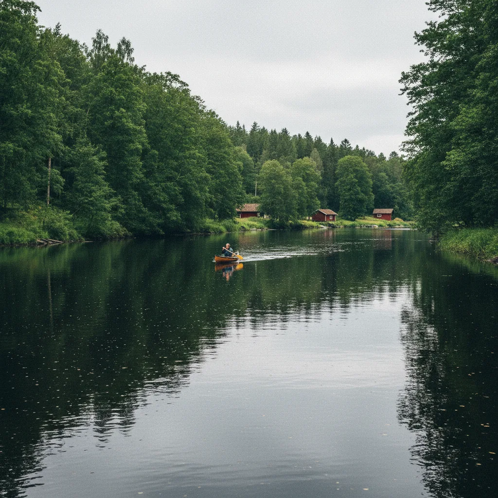 Kanufahrer auf der Gudenå in Jütland bei ruhigem Wasser