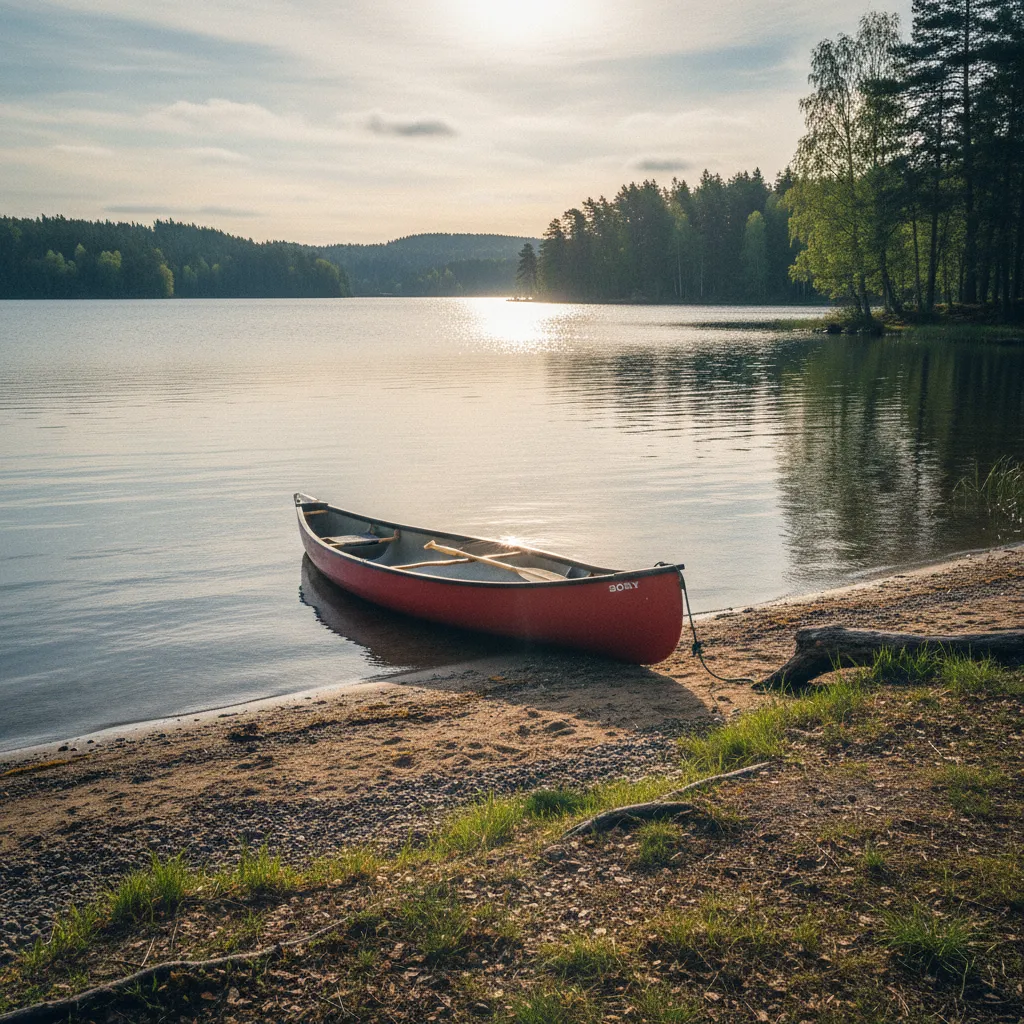 Ruhiger See in Dänemark mit Kanu am Ufer im Morgenlicht