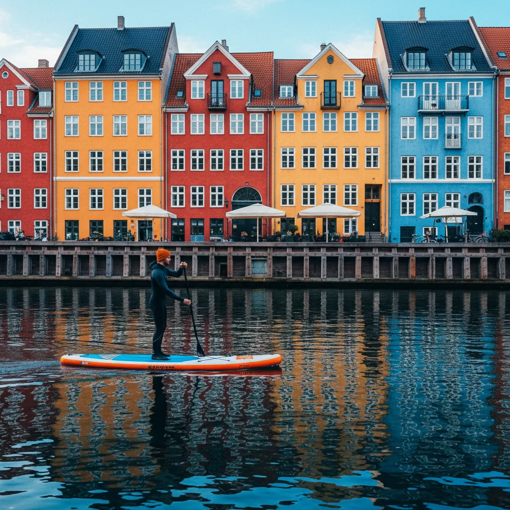 SUP Paddler auf den Kanälen von Kopenhagen mit bunten Häusern im Hintergrund