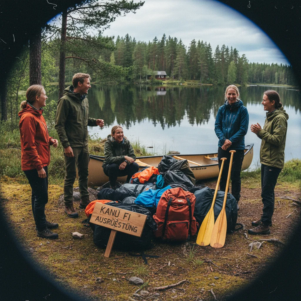 Kanuausrüstung und Paddel am Seeufer in Finnland
