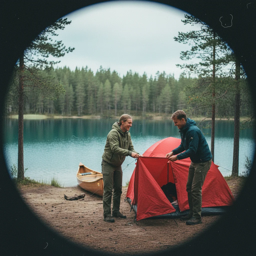Zeltlager am Seeufer nach einer Kanutour in Finnland