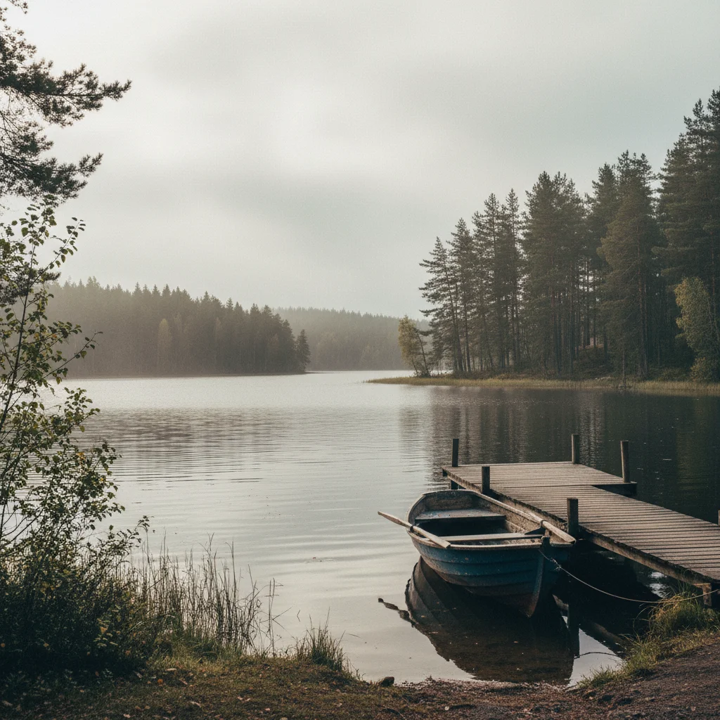 Karelischer See umgeben von dichten Birkenwäldern
