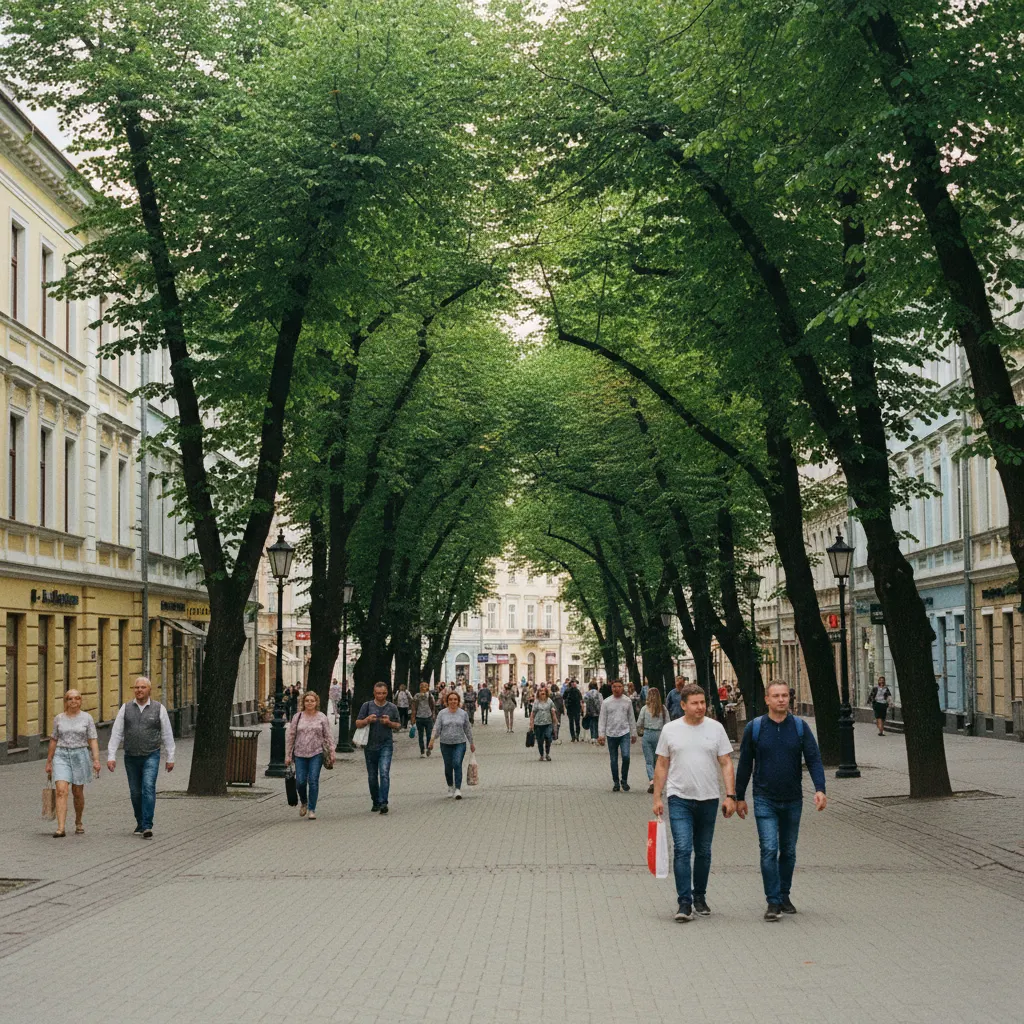 Die Laisvės alėja in Kaunas mit Baumreihen und Fußgängern