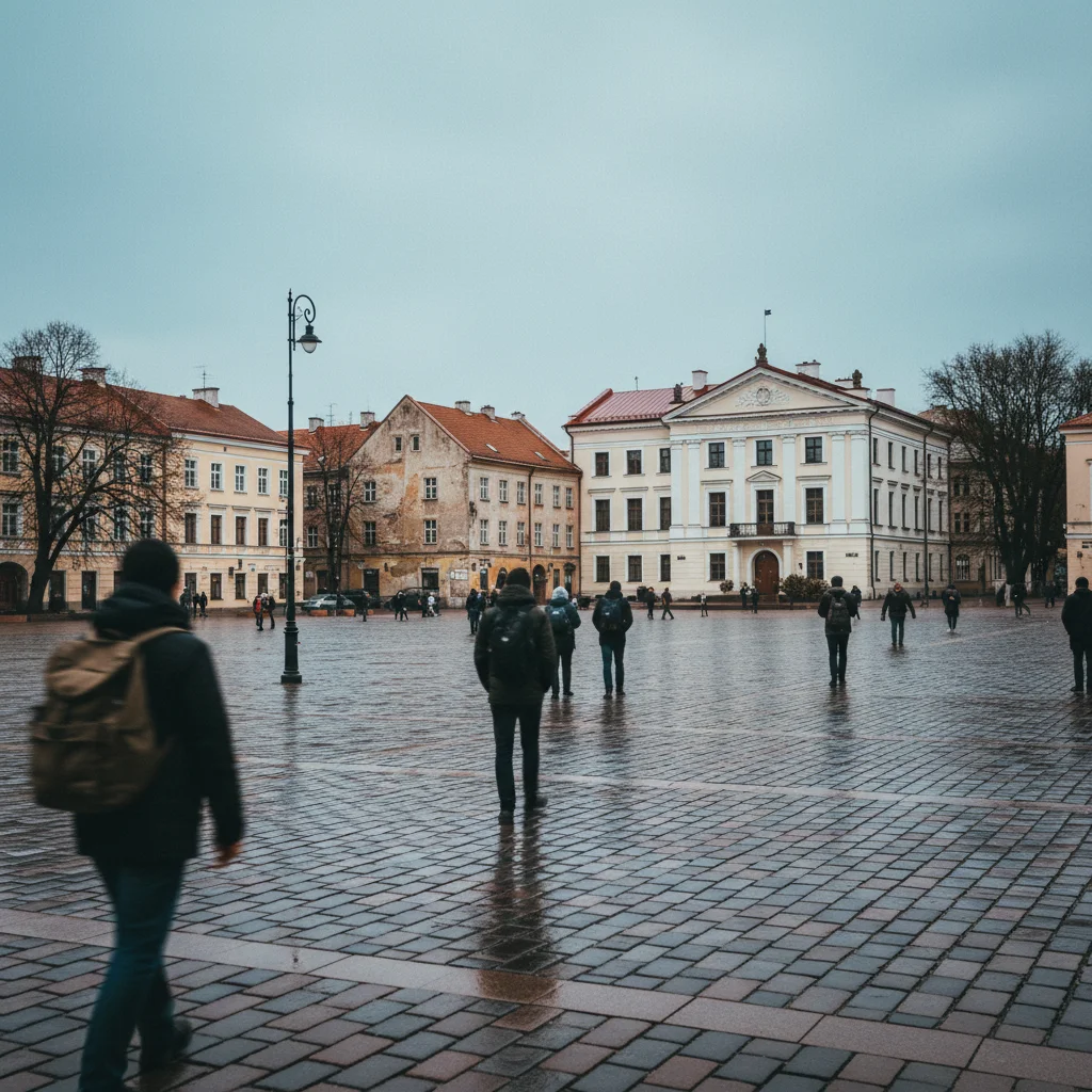 Rathausplatz in Kaunas mit dem weißen Rathaus und Kopfsteinpflaster