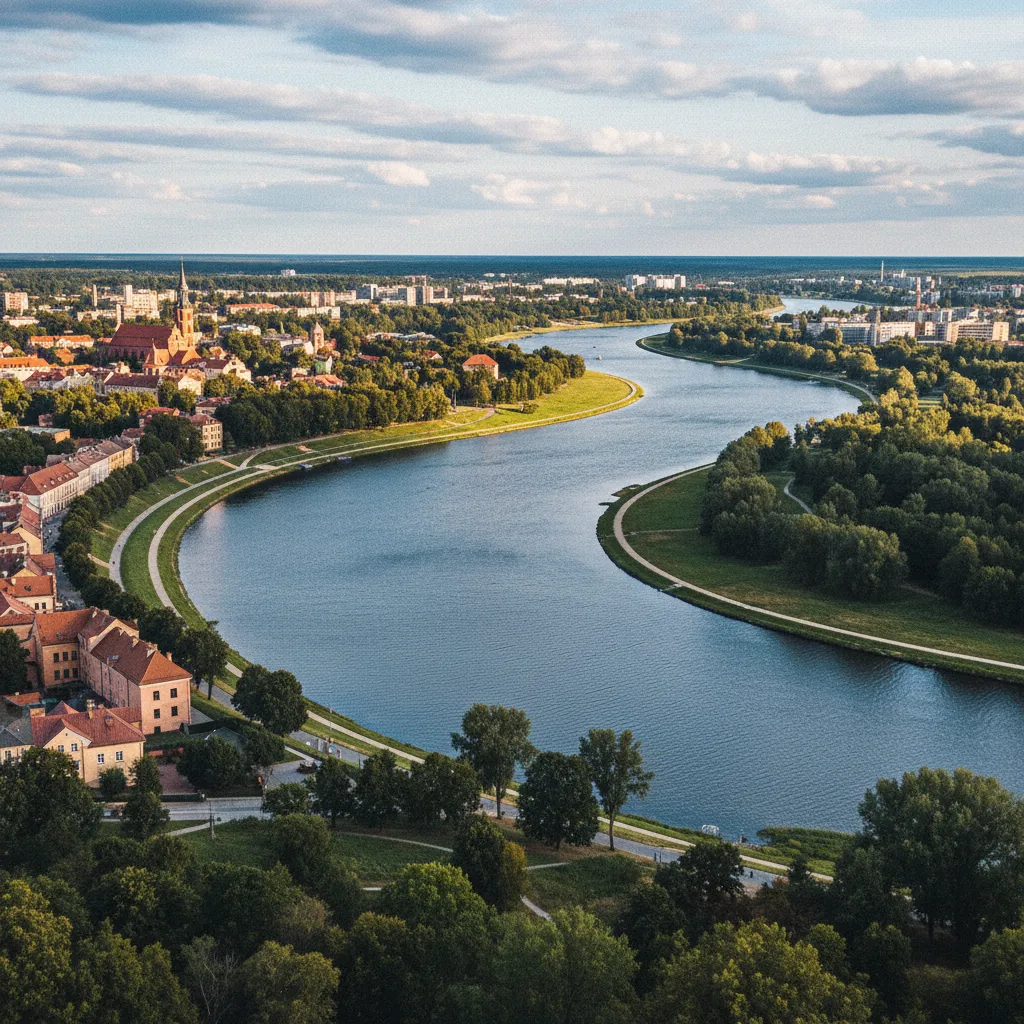 Zusammenfluss von Memel und Neris in Kaunas vom Aleksotas-Hügel aus