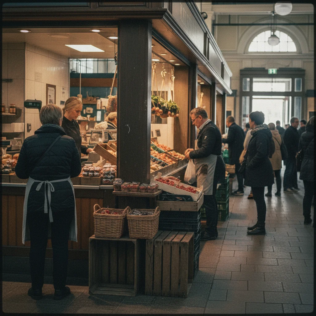 Ein Delikatessenstand in einer finnischen Kauppahalli mit regionalen Produkten