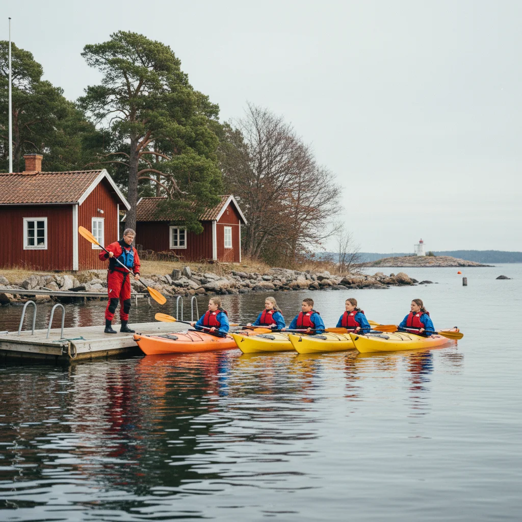 Gruppe von Kajakanfängern bei einem Einführungskurs auf einem ruhigen See in Schweden