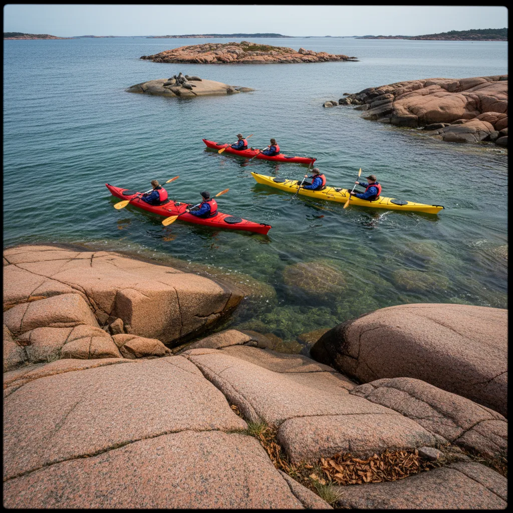Kajak an der Granitküste von Bohuslän mit rotgefärbten Fischerhütten im Hintergrund