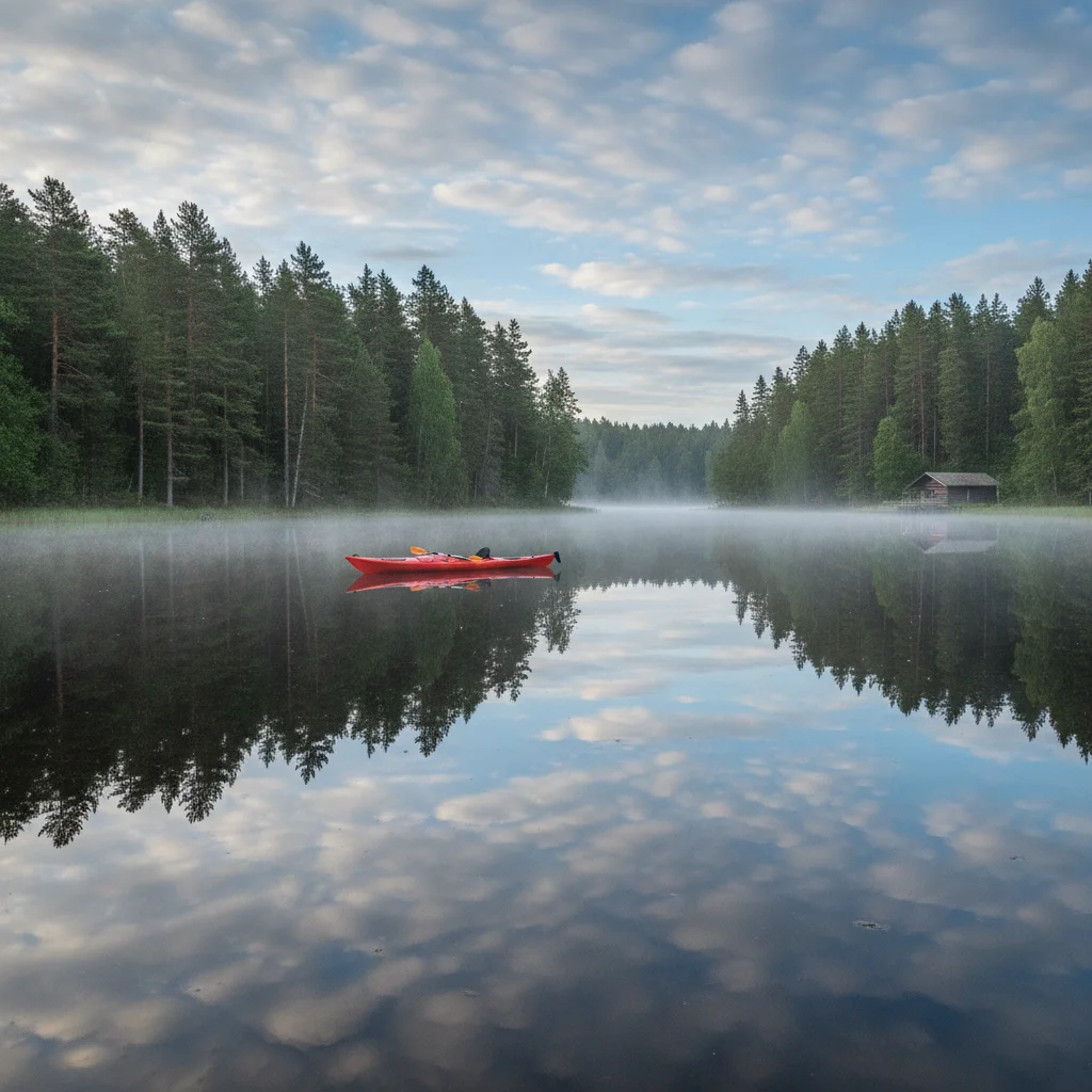 Kajak auf einem spiegelglatten See in Schweden bei Morgennebel umgeben von Nadelwald