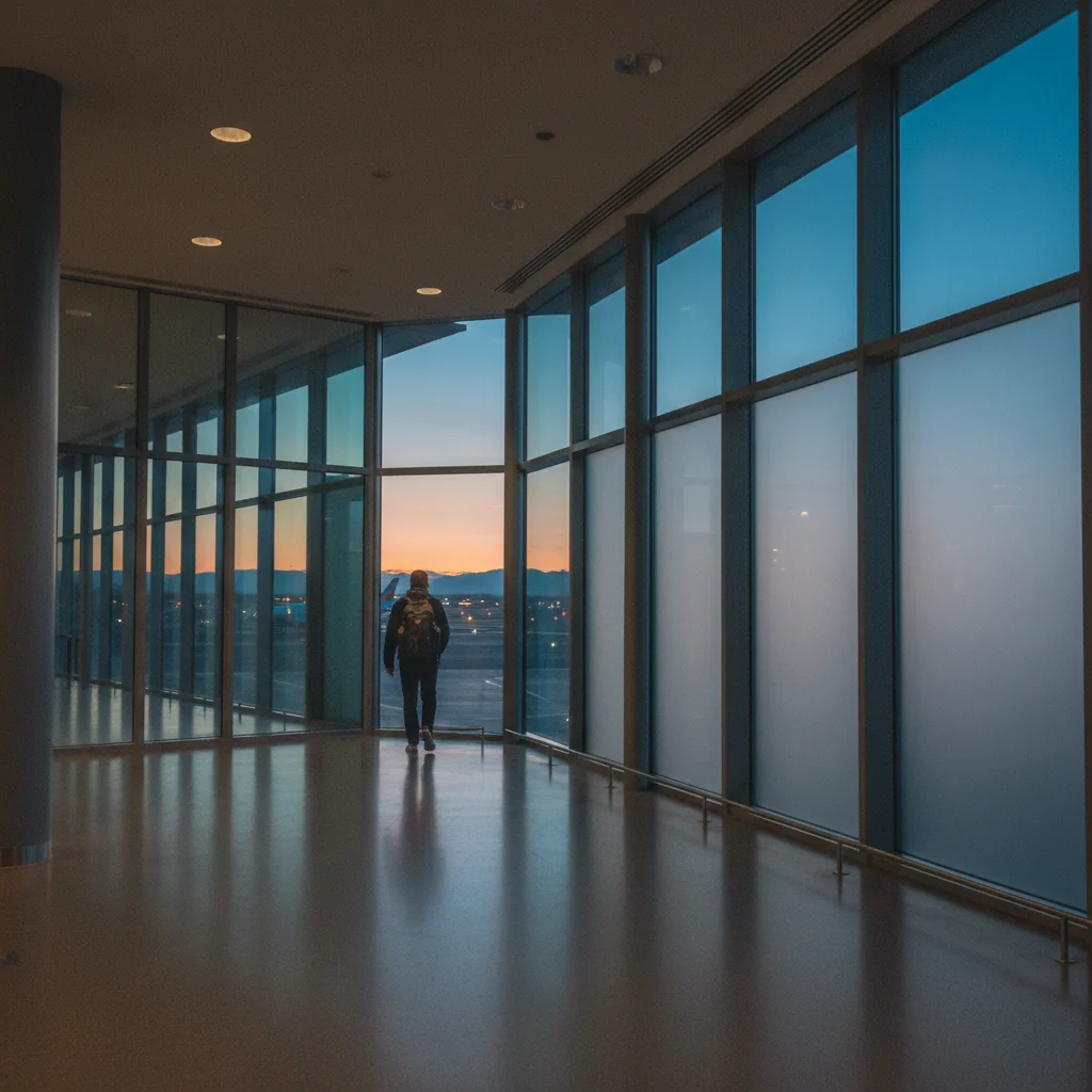 Flughafen Keflavík internationaler Terminal bei Dämmerung