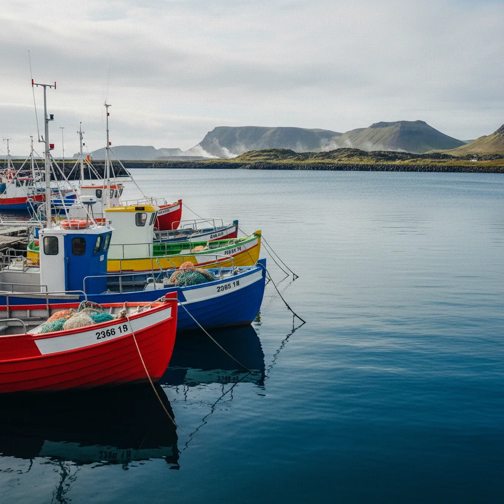 Hafen von Keflavík mit bunten Fischerbooten und Blick auf die Reykjanes-Halbinsel