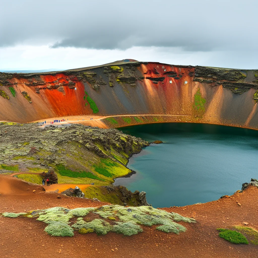 Kerið Kraterlagune mit türkisem Wasser bei Selfoss