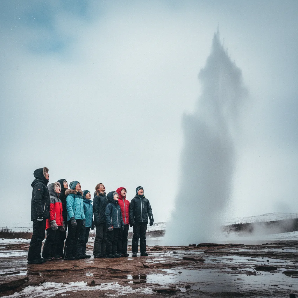 Kinder staunen über den ausbrechenden Geysir Strokkur auf dem Goldenen Kreis