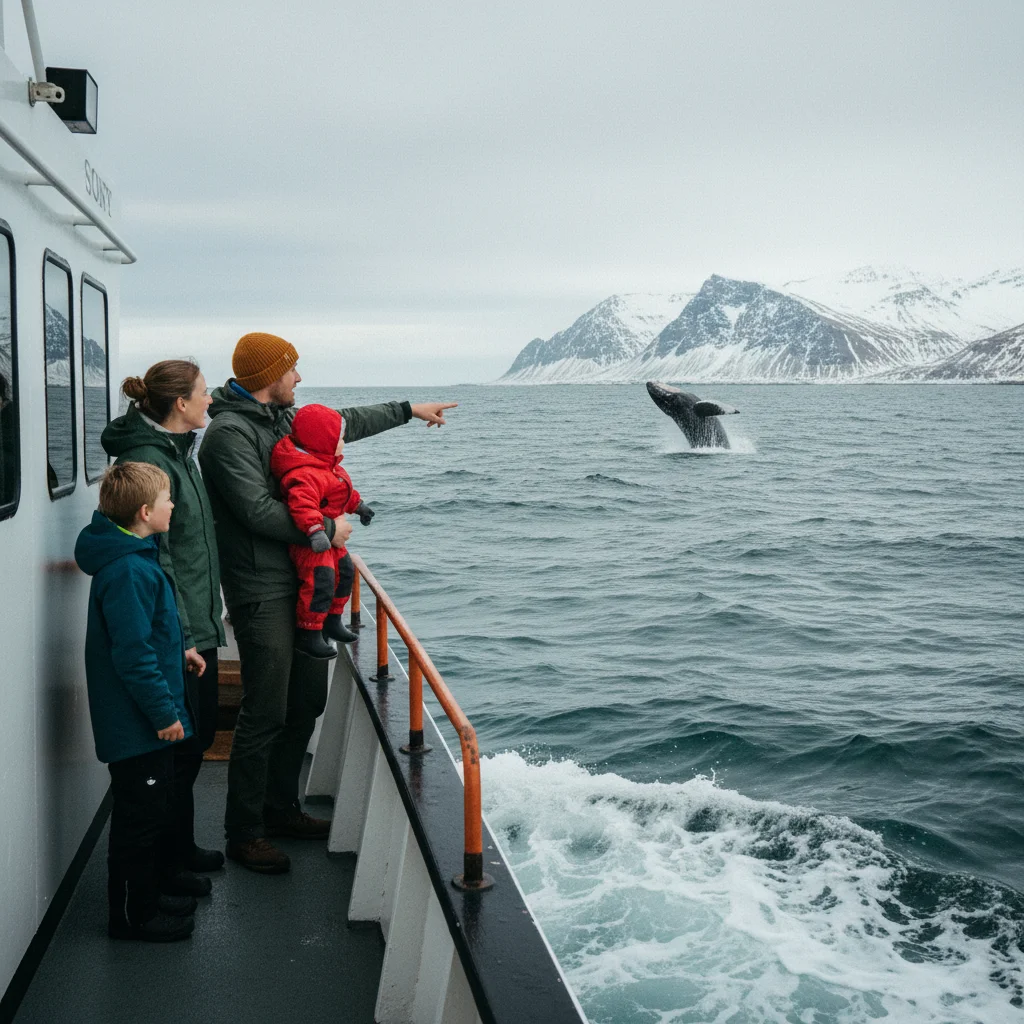 Familie auf einem Walbeobachtungsboot vor der isländischen Küste