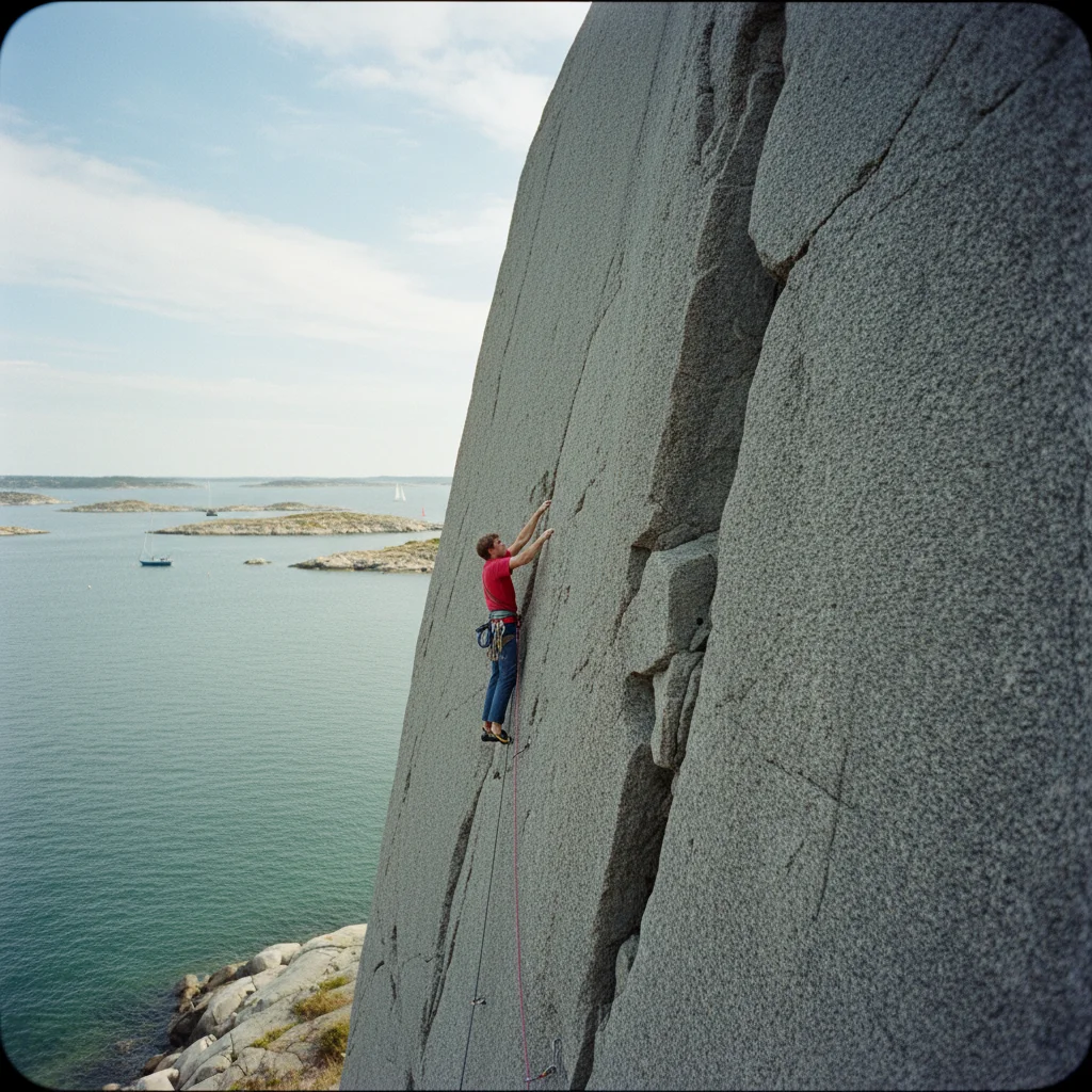 Kletterer an einer glatten Granitwand in Bohuslän mit dem Meer im Hintergrund
