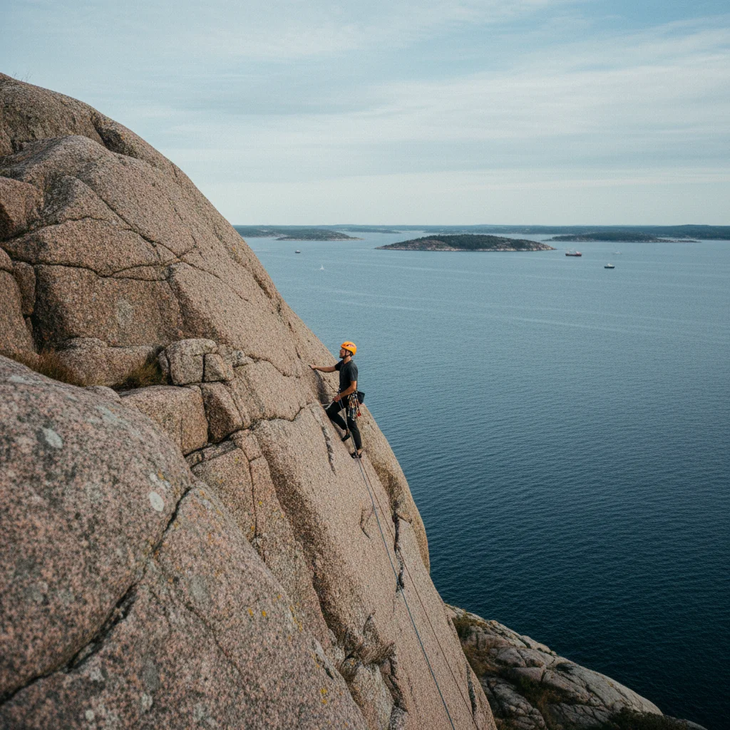 Kletterer an einem Granitfelsen an der schwedischen Westküste bei Bohuslän mit Meer im Hintergrund
