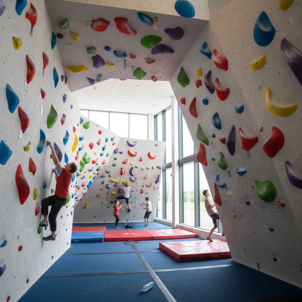 Moderne Kletterhalle in Schweden mit bunten Griffen und Boulderbereich