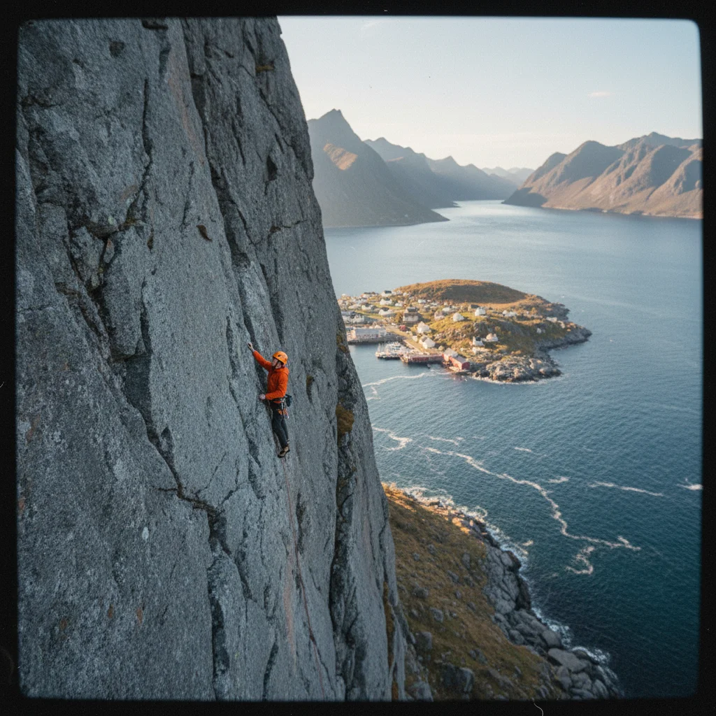 Blick auf Henningsvaer mit Granitwand im Hintergrund