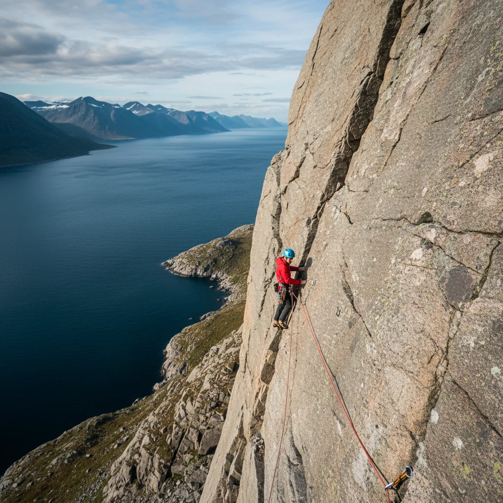 Kletterer an einer steilen Granitwand auf den Lofoten mit dem Nordatlantik im Hintergrund