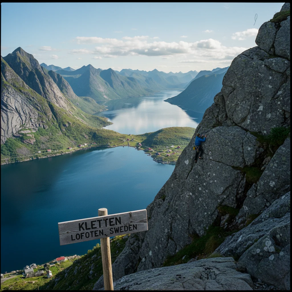 Kletterer an einer Granitwand auf den Lofoten mit Blick aufs Meer