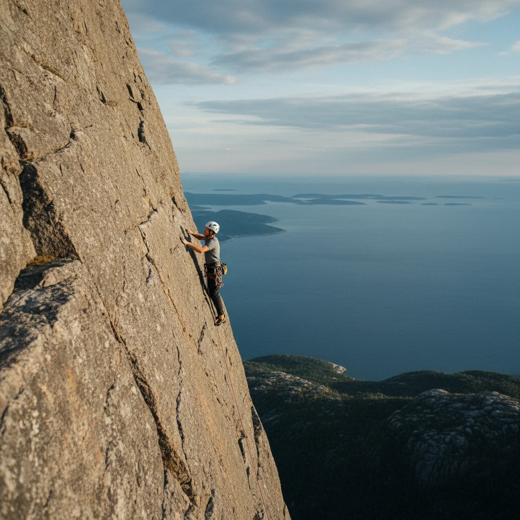 Kletterer an einer steilen Granitwand in Skandinavien mit Blick auf Fjord und Meer