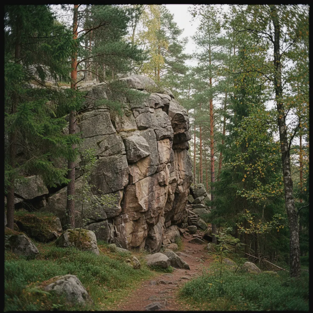 Kletterfelsen in Utby bei Göteborg umgeben von Wald