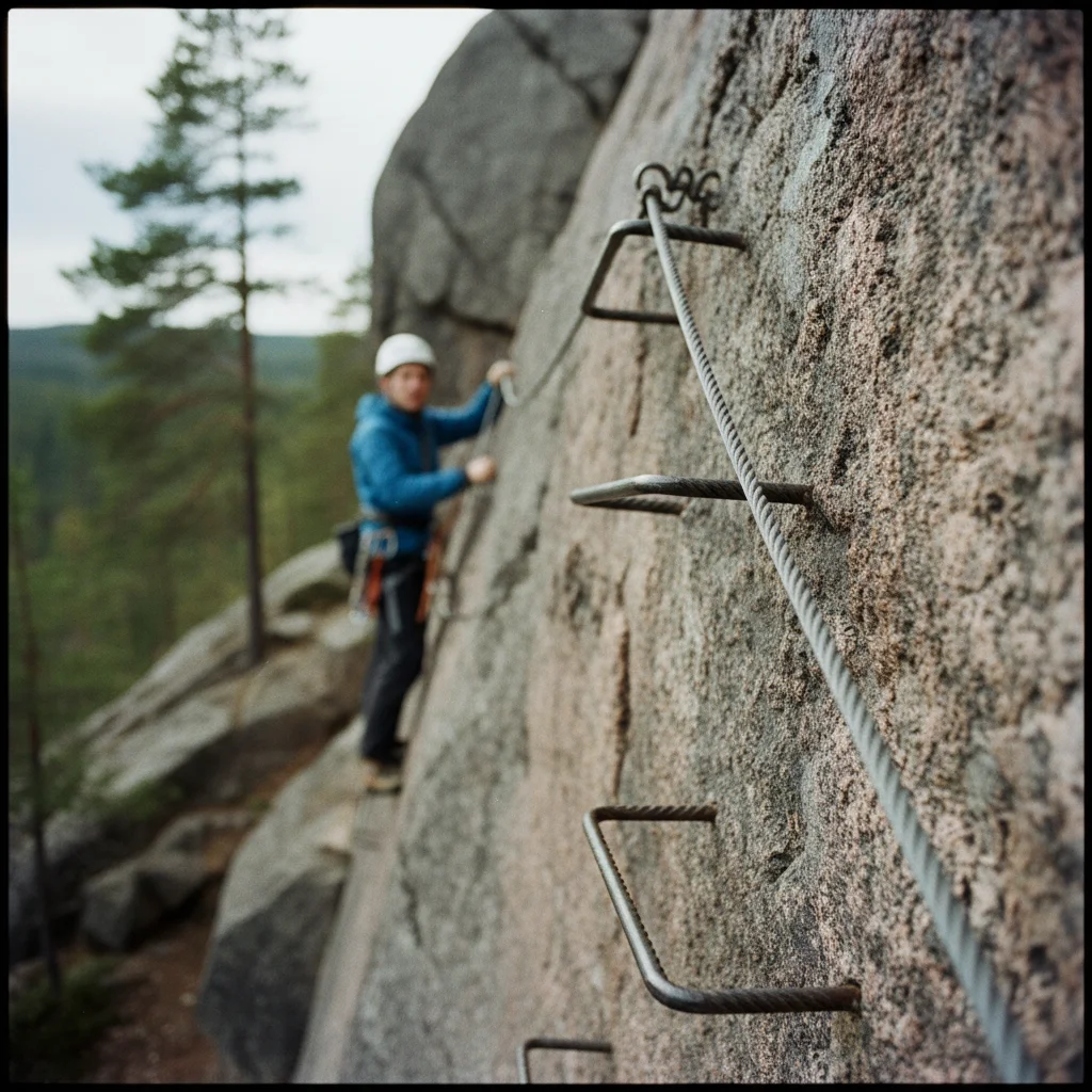 Via Ferrata Klettersteig an einer Felswand in Schweden mit Stahlseil und Leitern