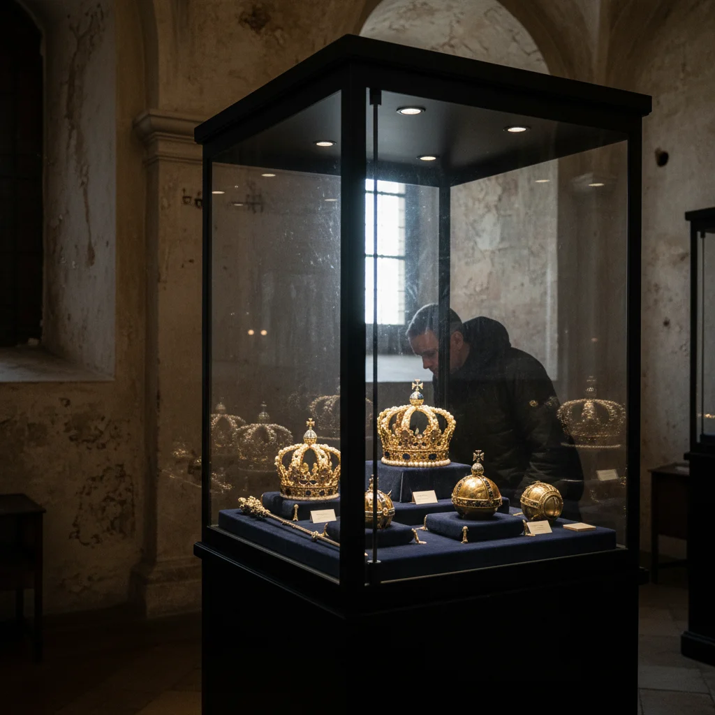 Schwedische Kronjuwelen und königliche Insignien in beleuchteter Vitrine