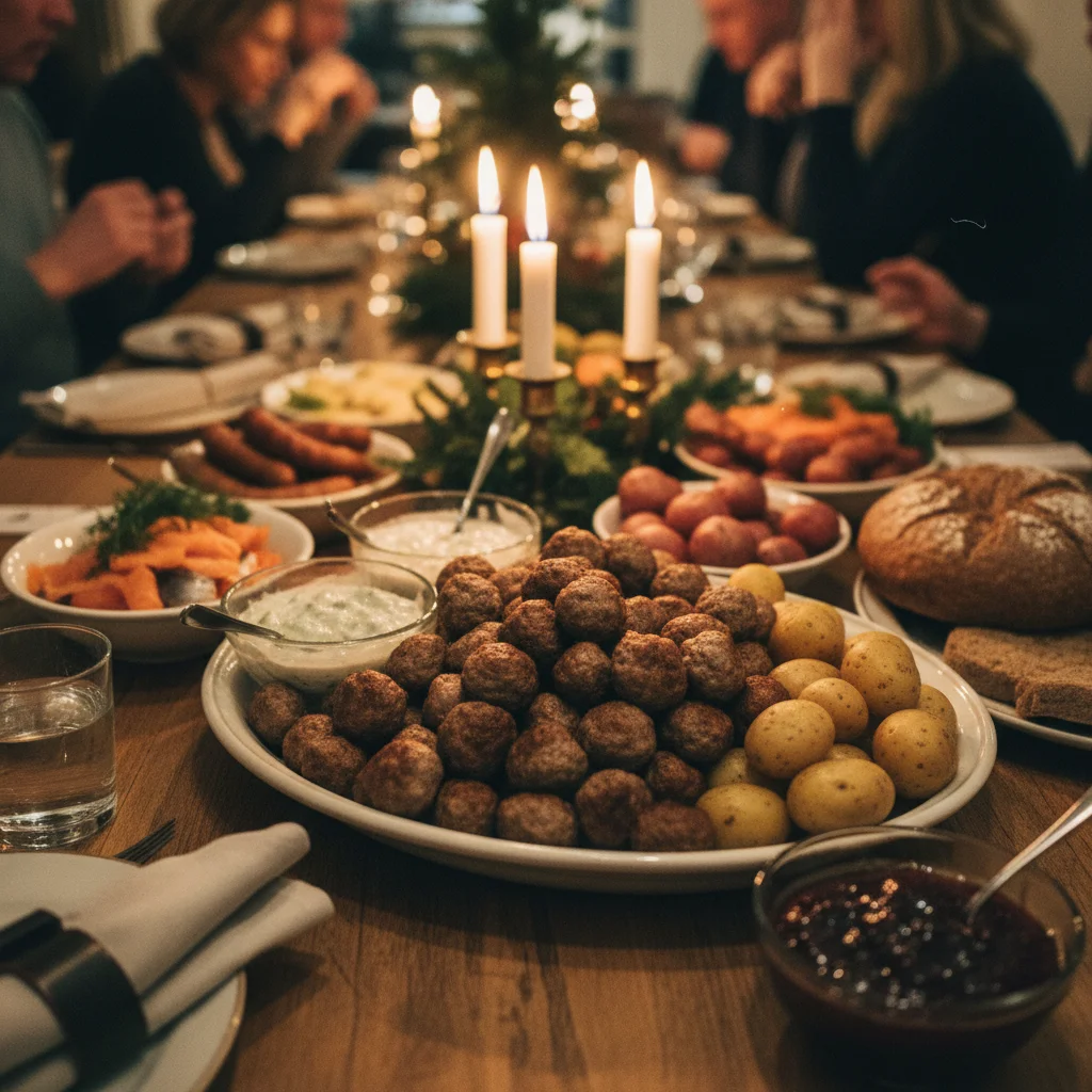 Schwedisches Julbord-Buffet mit Köttbullar, Hering, Lachs und weiteren traditionellen Gerichten