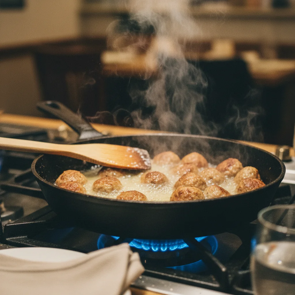 Köttbullar werden in einer Gusseisenpfanne mit Butter goldbraun gebraten