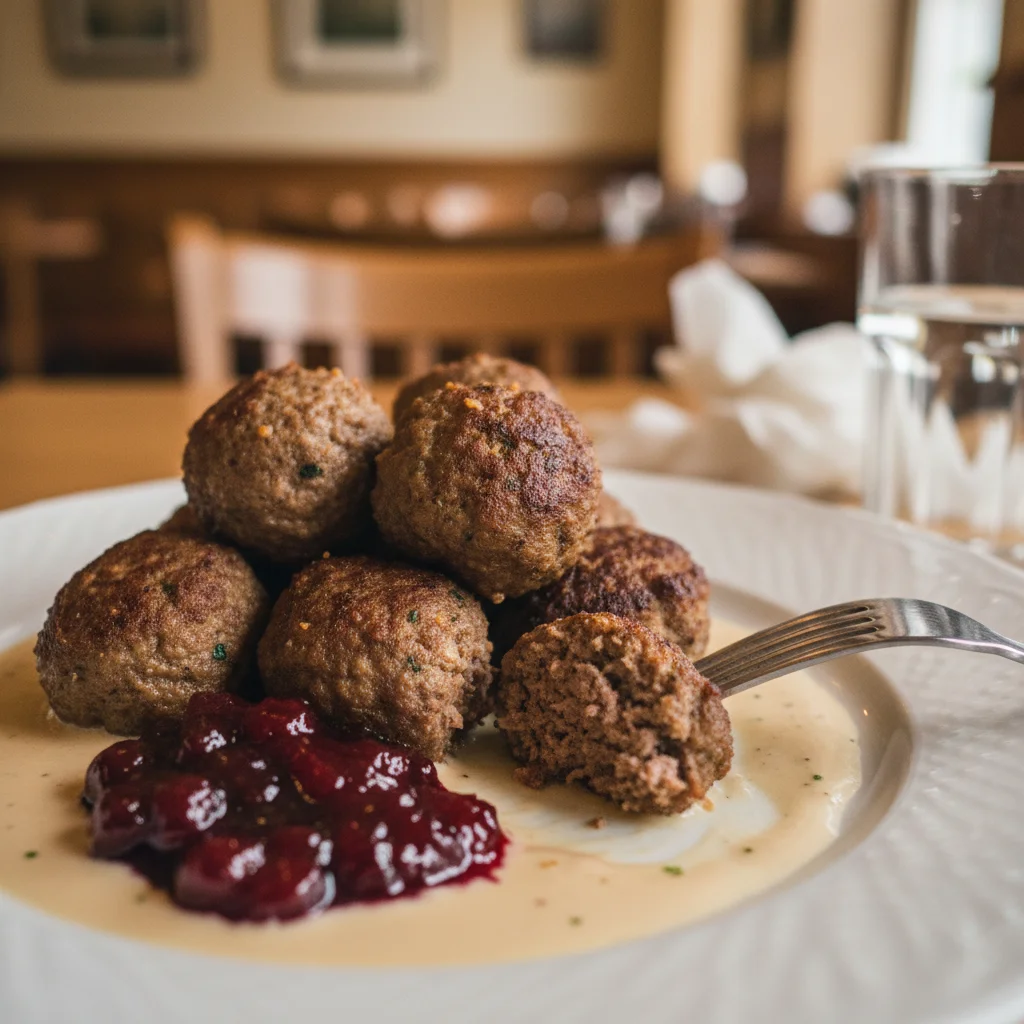 Nahaufnahme von Köttbullar mit Rahmsauce und frischen Preiselbeeren auf einem weißen Teller