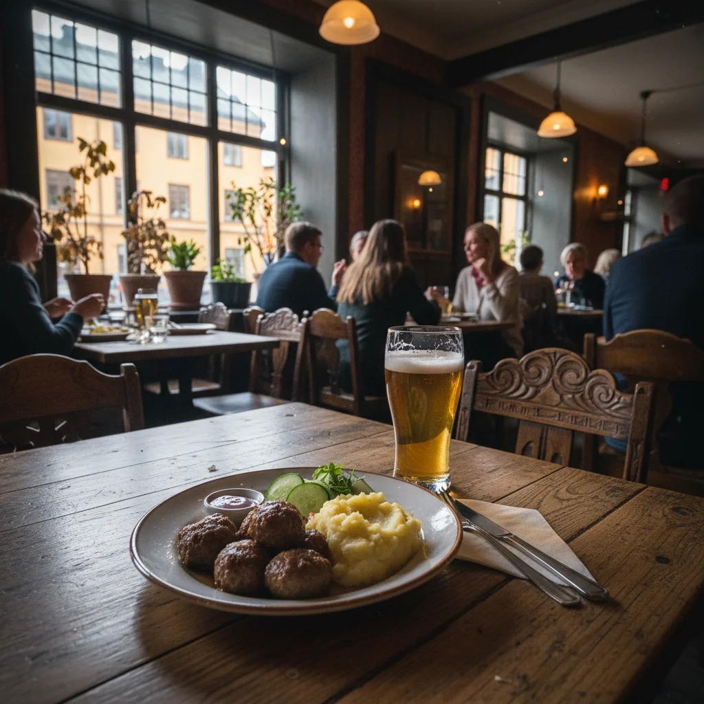 Teller mit Köttbullar, Kartoffelpüree, Preiselbeeren und Gurke in einem Stockholmer Restaurant