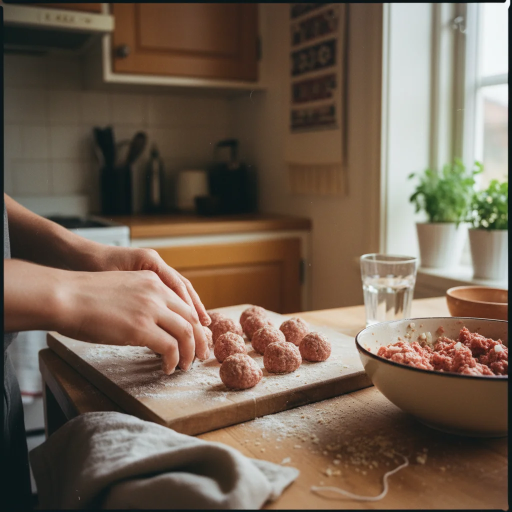 Köttbullar werden von Hand aus einer Hackfleischmasse geformt, daneben Schüssel mit Zutaten