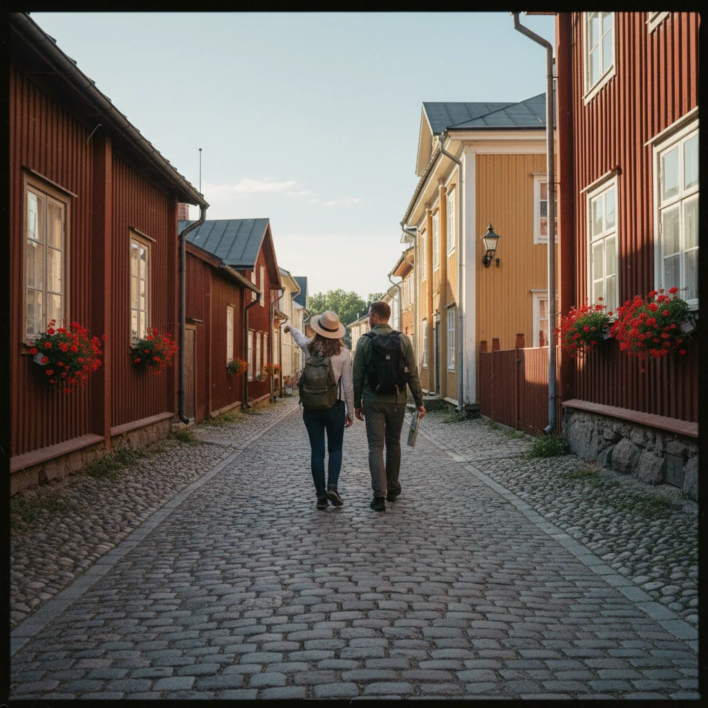Bunte Holzhäuser im historischen Viertel Neristan in Kokkola