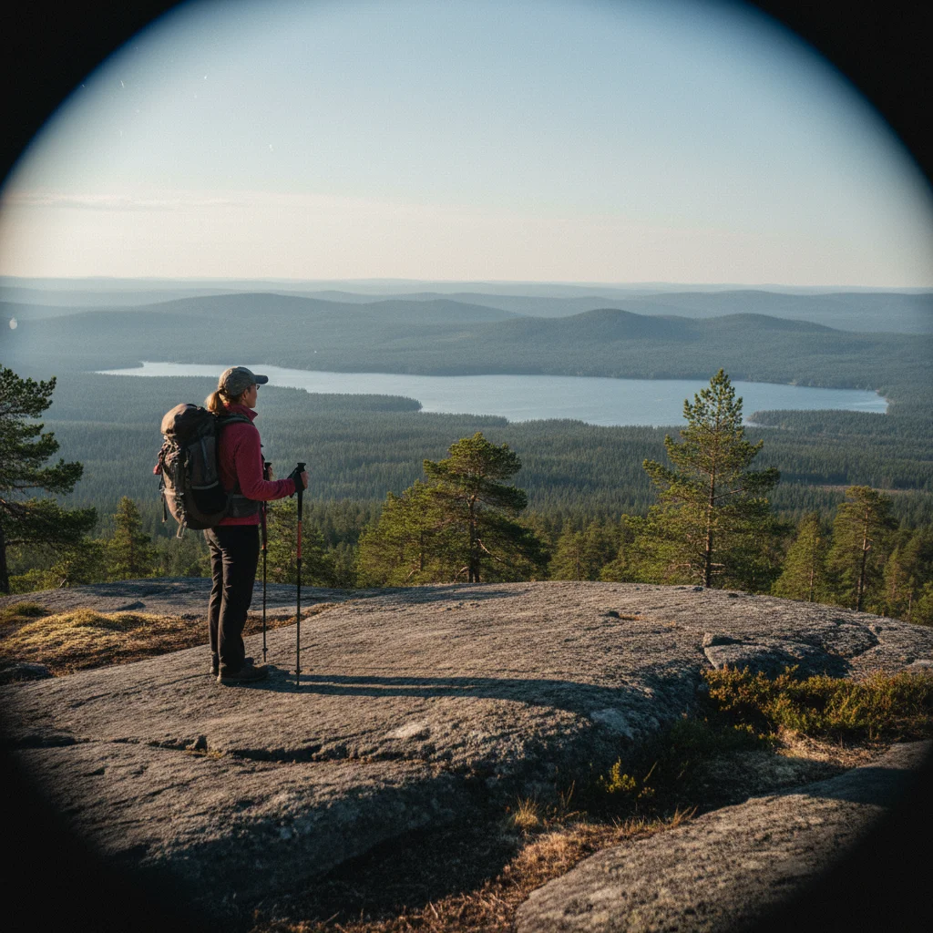 Wanderer auf einem Waldweg im Koli Nationalpark zwischen hohen Fichten
