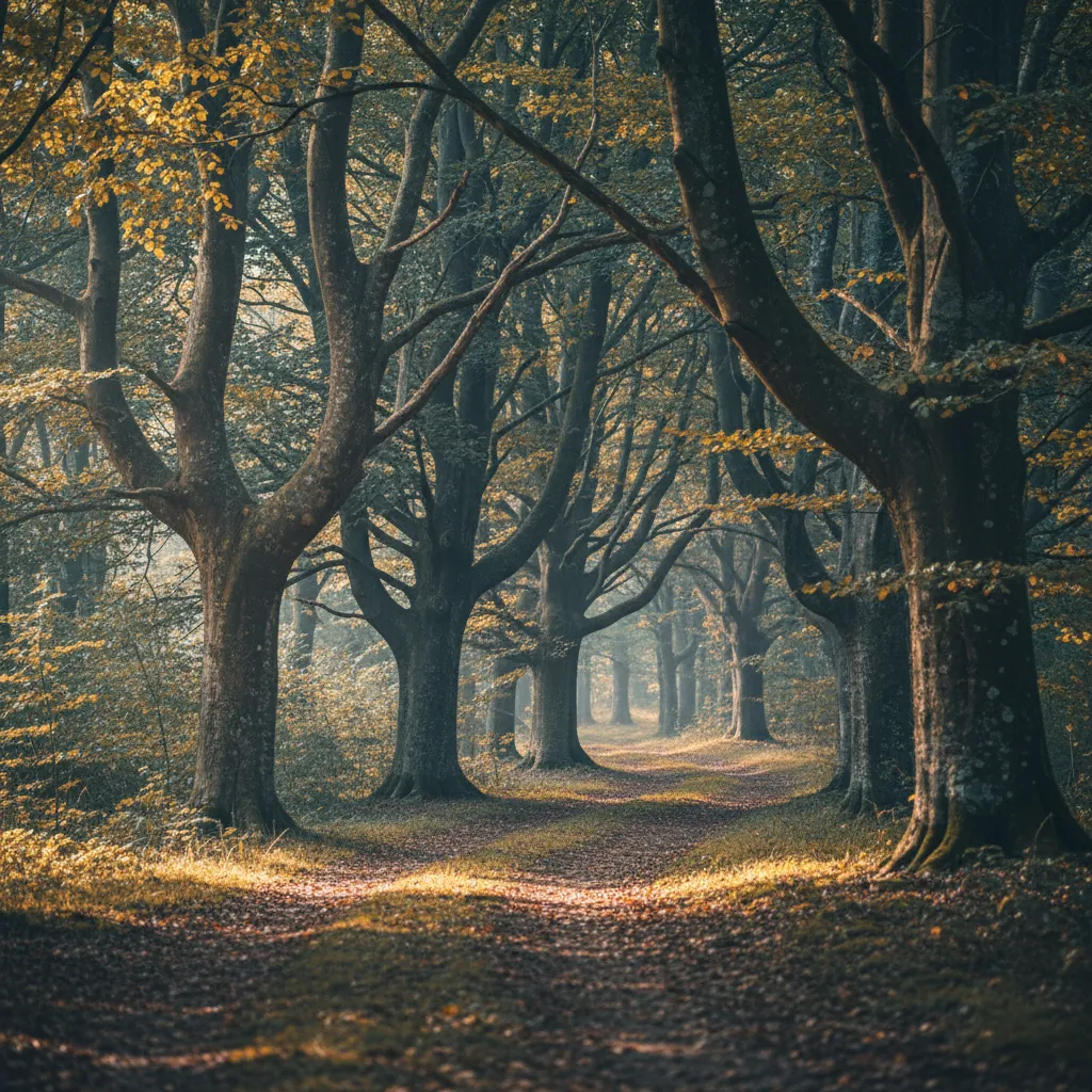 Gribskov mit alten Buchen und einem Waldweg