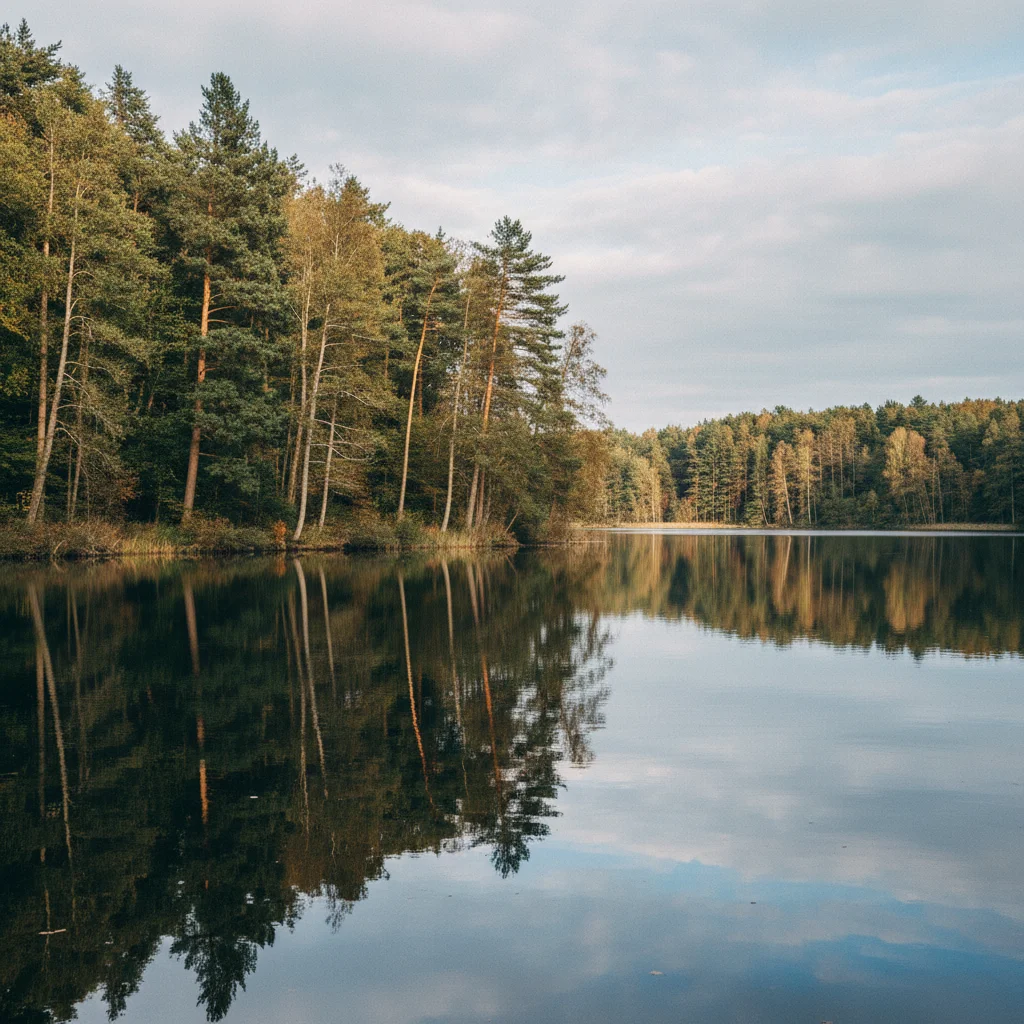 Esrum Sø im Nationalpark mit spiegelnder Wasseroberfläche und Wald am Ufer